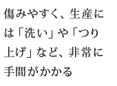 傷みやすく、生産には「洗い」や「つり上げ」など、非常に手間がかかる