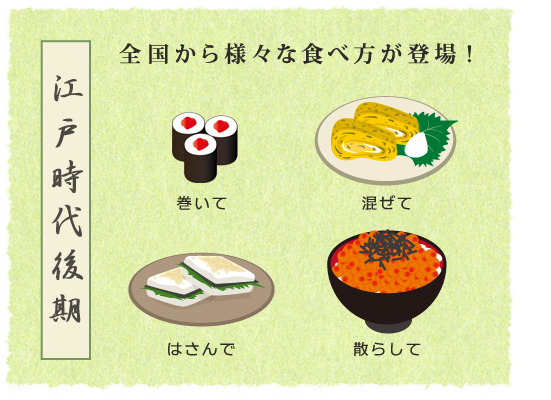 【江戸時代後期】全国から様々な食べ方が登場！/巻いて、混ぜて、はさんで、散らして